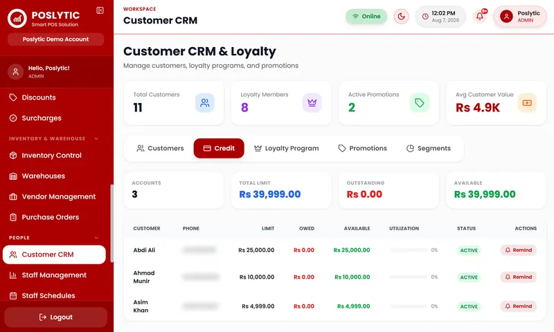 Poslytic customer CRM showing credit accounts and loyalty