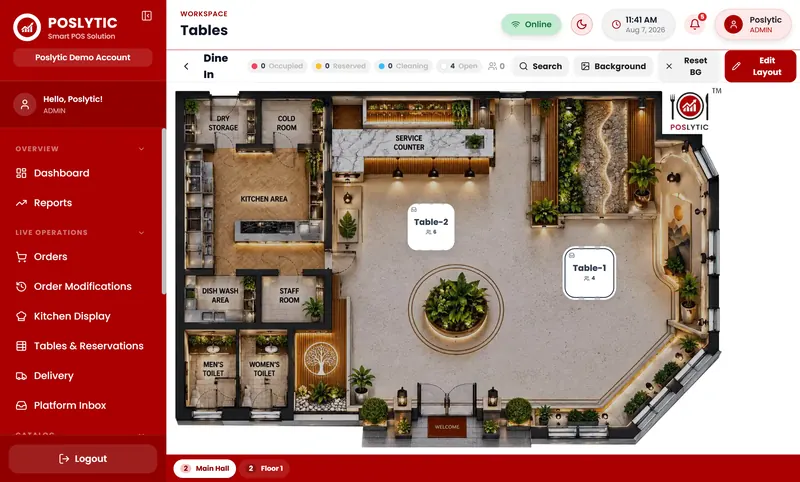 Poslytic dine-in screen with a real floor plan and tables