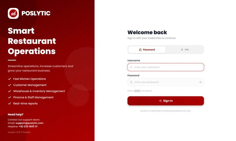 Poslytic login screen with password and PIN sign-in