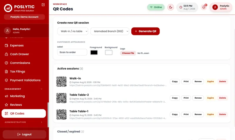 Poslytic QR code manager with active table sessions